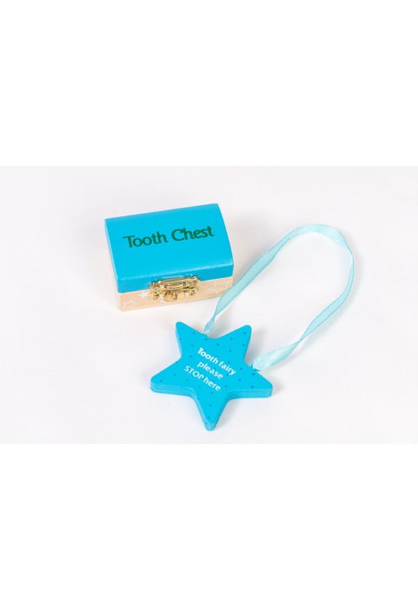 Tooth Fairy Set - Wooden Chest & Please STOP Here Star Shape Hanger in BLUE